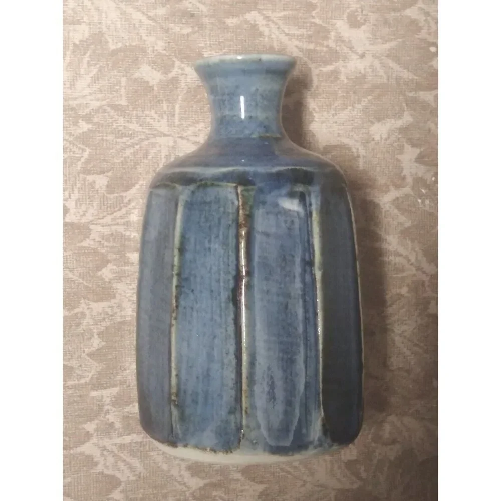 Ikebana Bottle Vase Japanese Mashiko Ware blue Glaze octagon unique HTF ?VTG